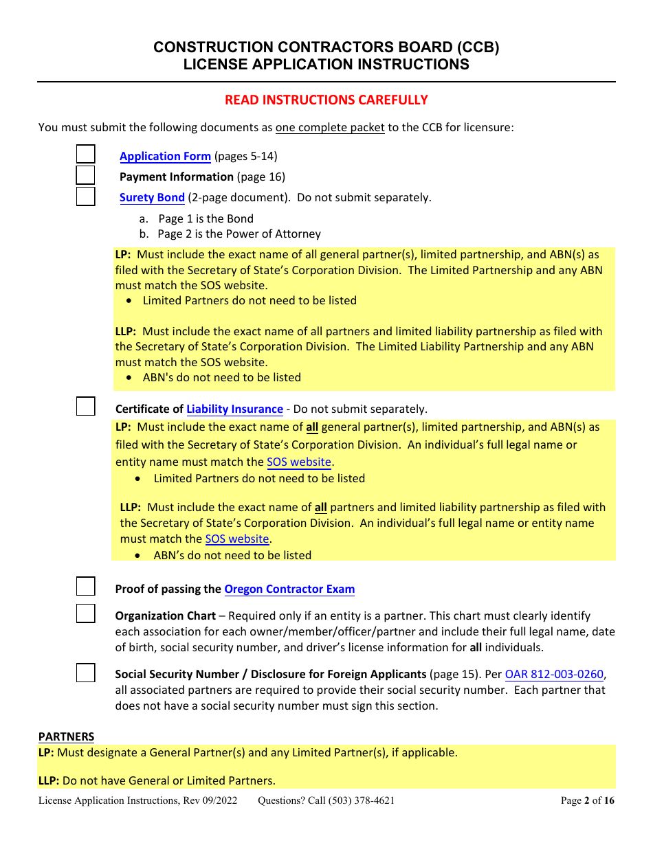 License Application Limited Liability Partnership (LLP ) or Limited Partnership (Lp) (Residential, Commercial or Dual Endorsement) - Oregon, Page 2