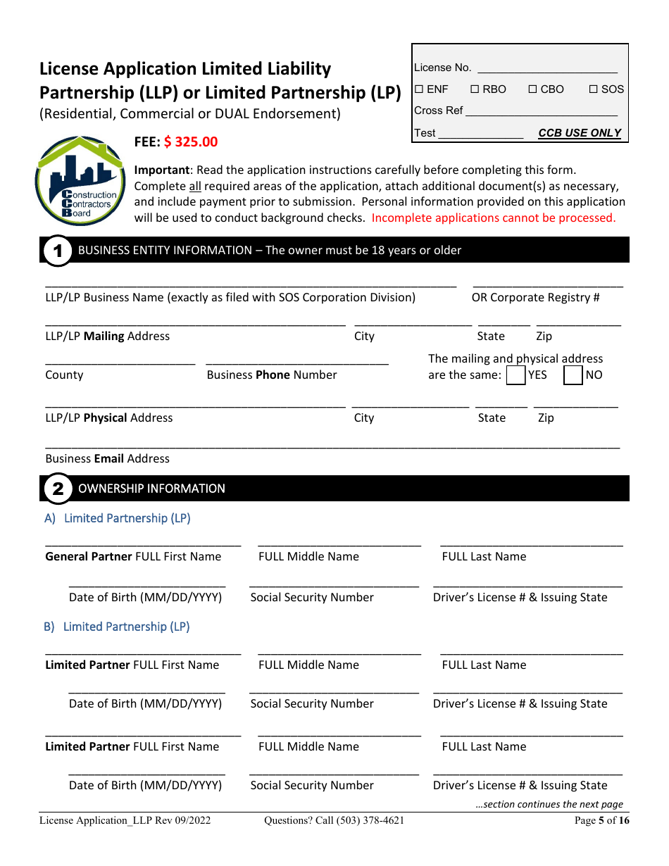 License Application Limited Liability Partnership (LLP ) or Limited Partnership (Lp) (Residential, Commercial or Dual Endorsement) - Oregon, Page 5
