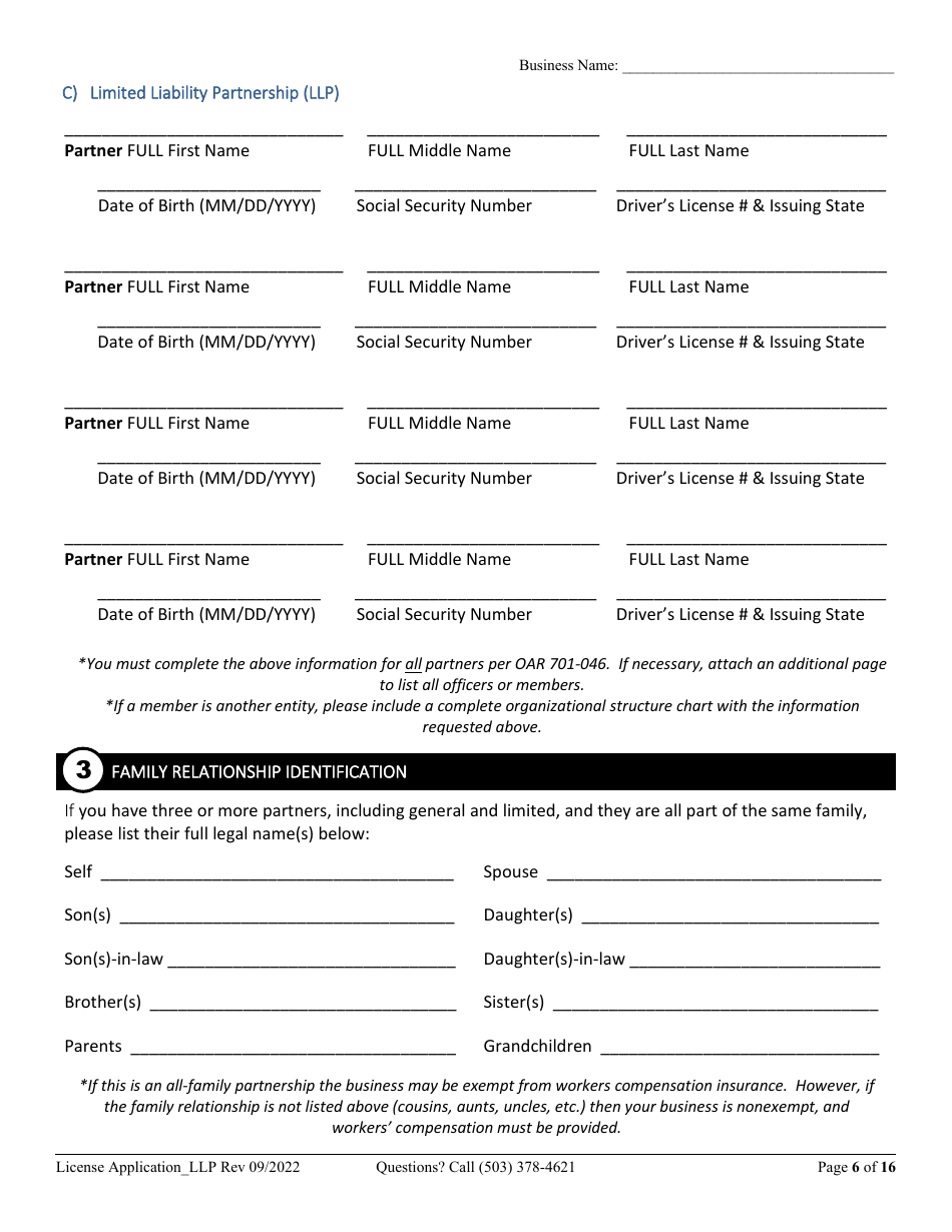 License Application Limited Liability Partnership (LLP ) or Limited Partnership (Lp) (Residential, Commercial or Dual Endorsement) - Oregon, Page 6