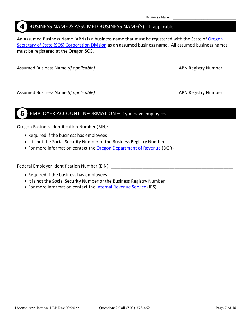 License Application Limited Liability Partnership (LLP ) or Limited Partnership (Lp) (Residential, Commercial or Dual Endorsement) - Oregon, Page 7