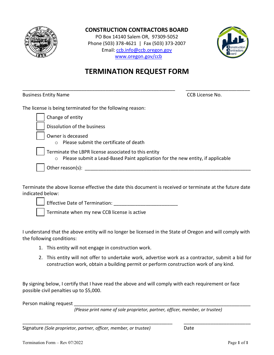 Termination Request Form - Oregon, Page 1