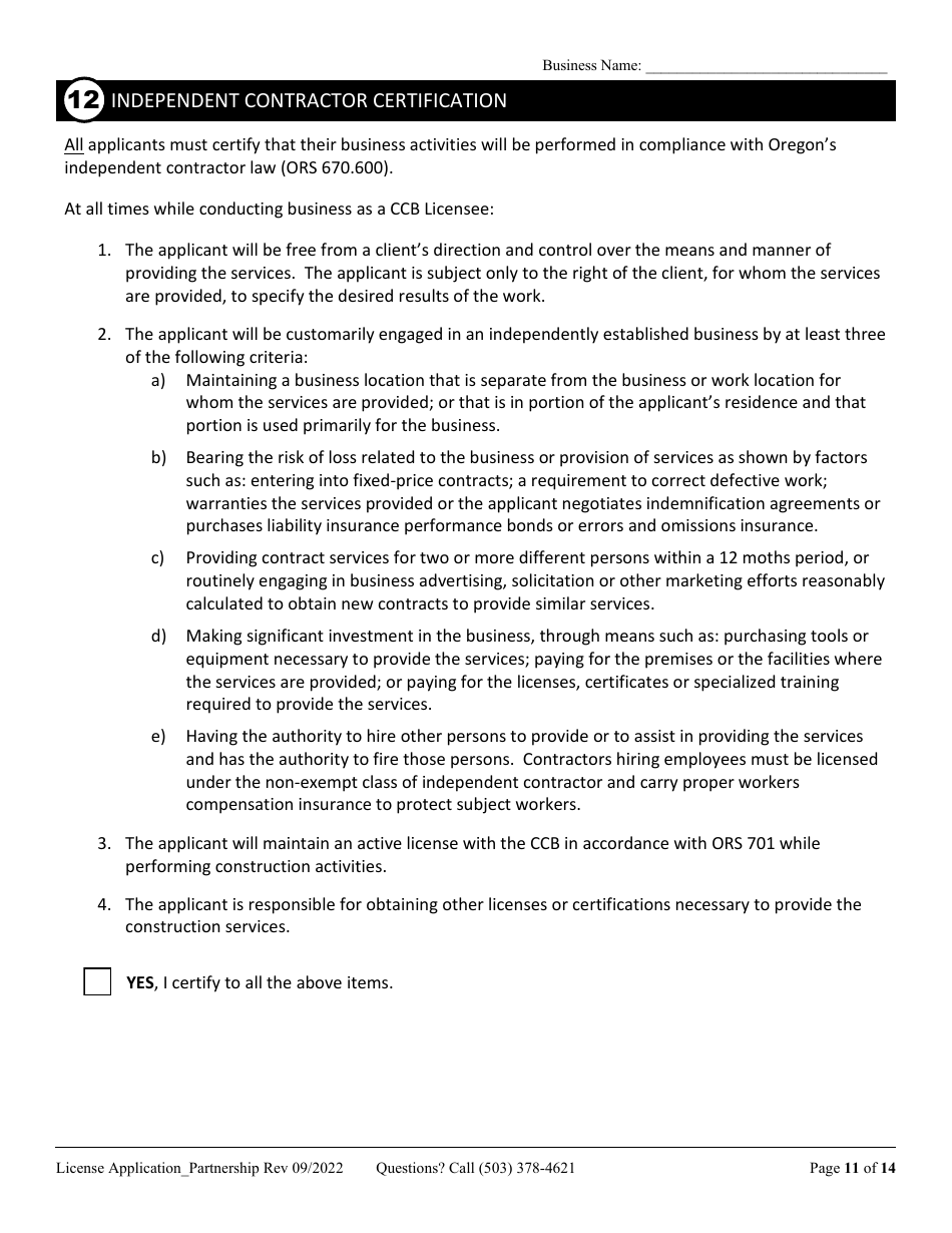 License Application for Partnership or Joint Venture (Residential, Commercial or Dual Endorsement) - Oregon, Page 11