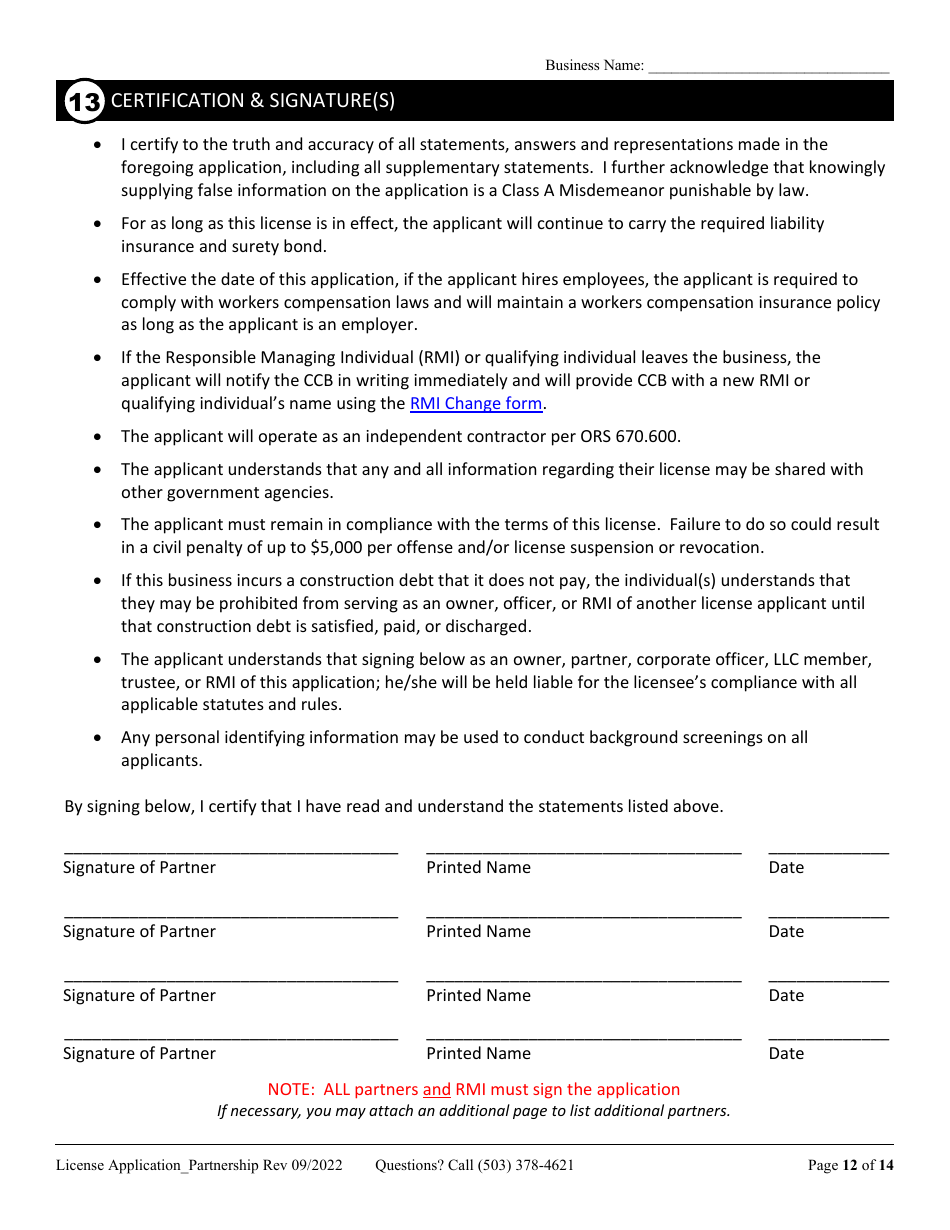 License Application for Partnership or Joint Venture (Residential, Commercial or Dual Endorsement) - Oregon, Page 12