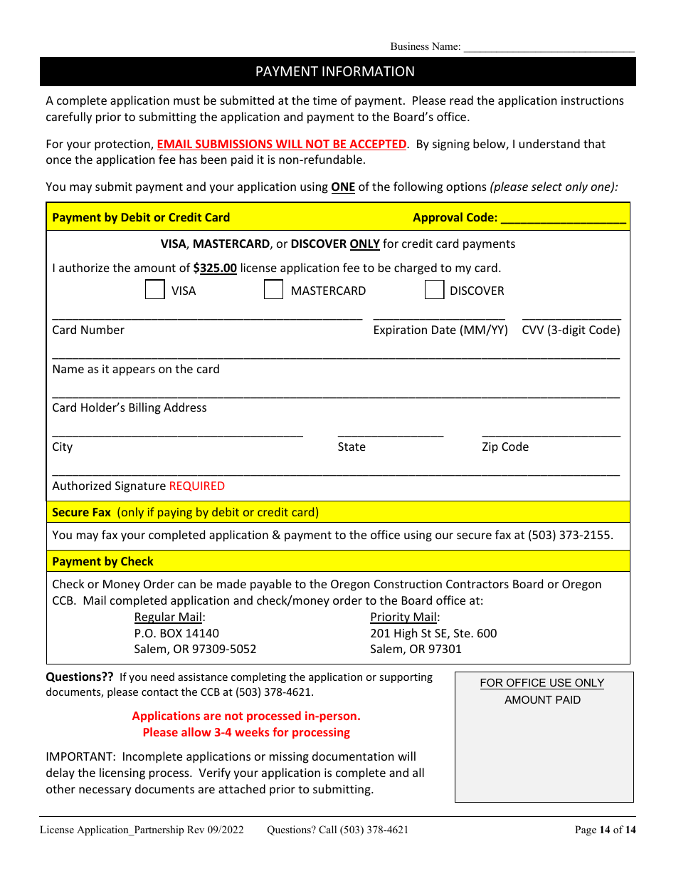 License Application for Partnership or Joint Venture (Residential, Commercial or Dual Endorsement) - Oregon, Page 14