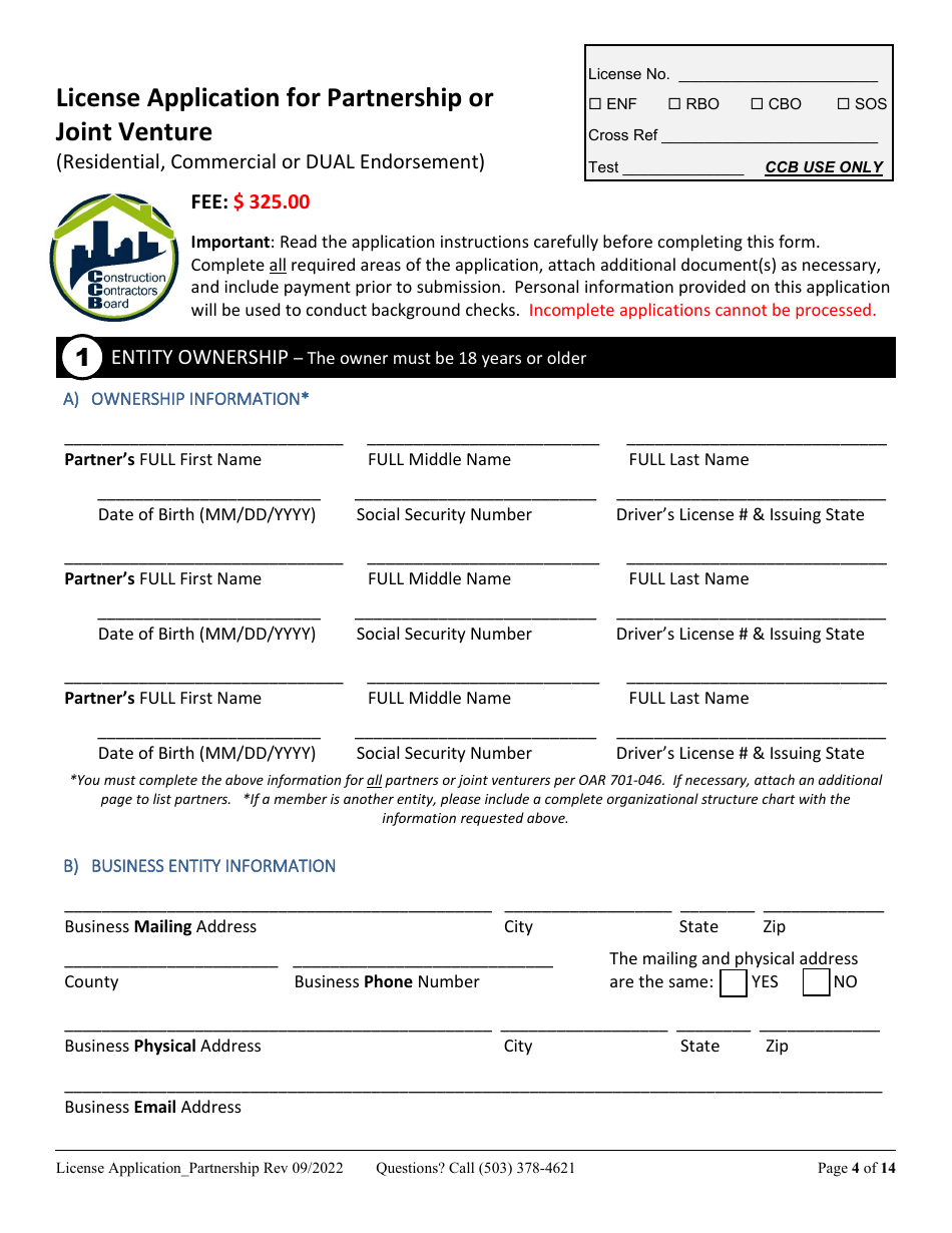 License Application for Partnership or Joint Venture (Residential, Commercial or Dual Endorsement) - Oregon, Page 4