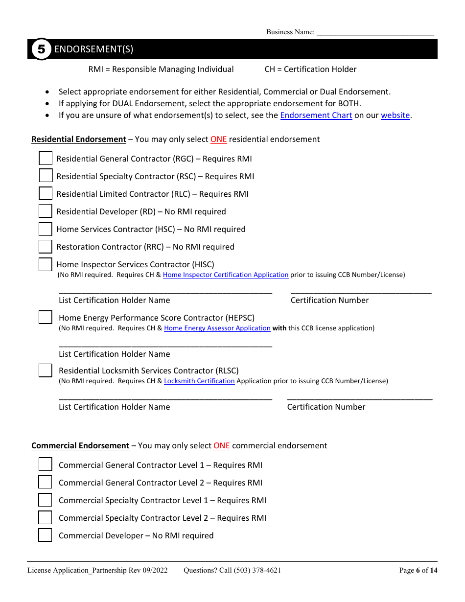 License Application for Partnership or Joint Venture (Residential, Commercial or Dual Endorsement) - Oregon, Page 6