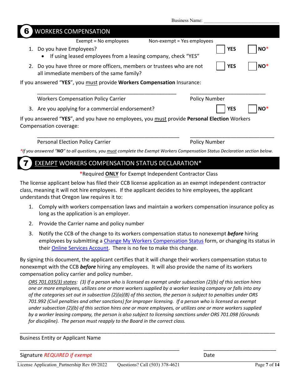 License Application for Partnership or Joint Venture (Residential, Commercial or Dual Endorsement) - Oregon, Page 7
