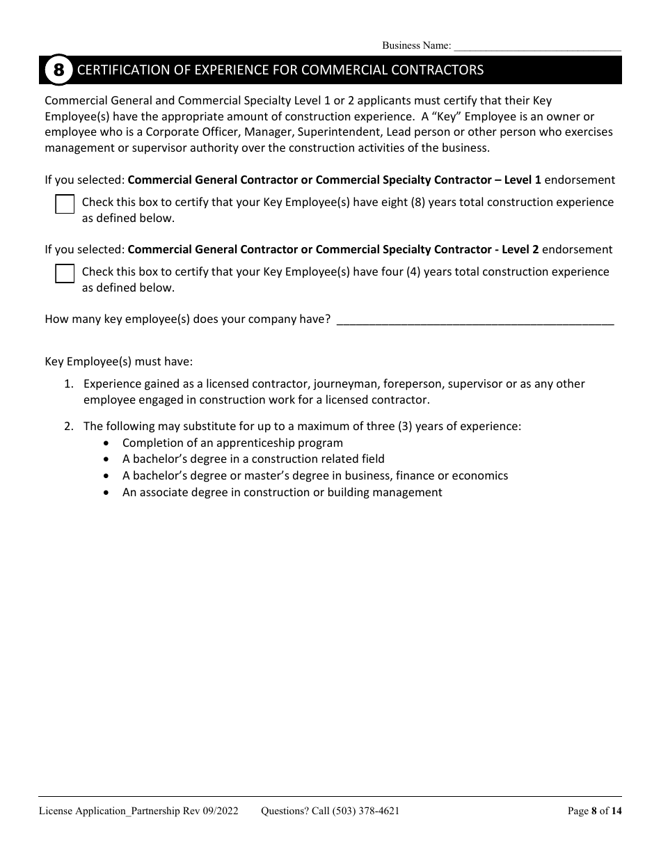 License Application for Partnership or Joint Venture (Residential, Commercial or Dual Endorsement) - Oregon, Page 8