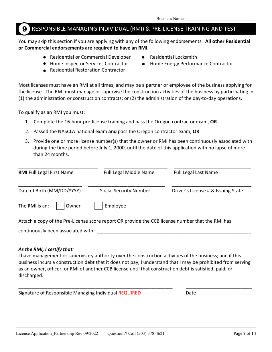 License Application for Partnership or Joint Venture (Residential, Commercial or Dual Endorsement) - Oregon, Page 9