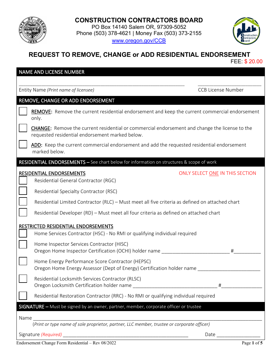 Request to Remove, Change or Add Residential Endorsement - Oregon, Page 1