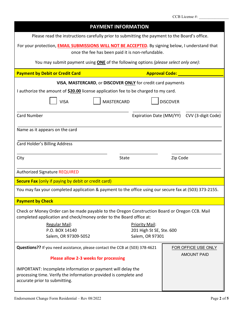 Request to Remove, Change or Add Residential Endorsement - Oregon, Page 2