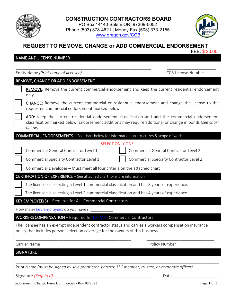 Request to Remove, Change or Add Commercial Endorsement - Oregon, Page 1