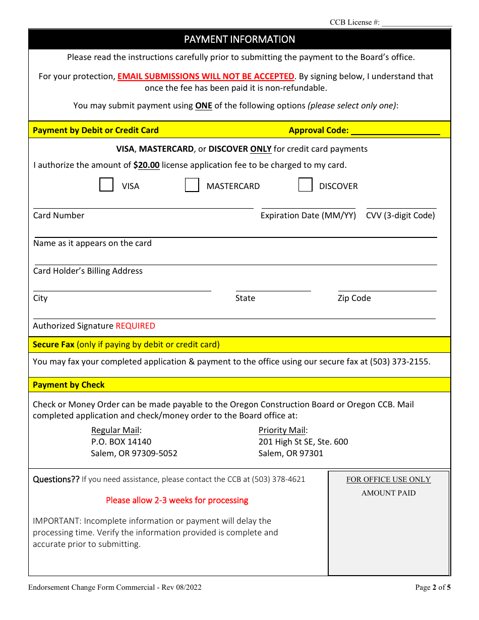 Request to Remove, Change or Add Commercial Endorsement - Oregon, Page 2