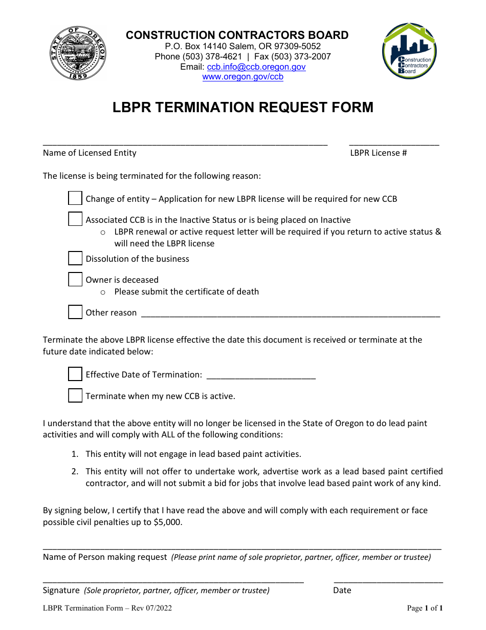 Lbpr Termination Request Form - Oregon, Page 1