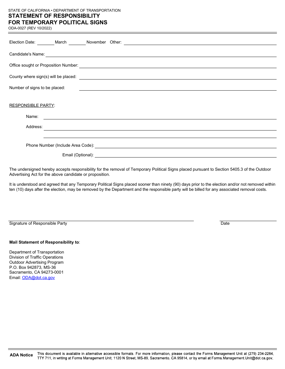 Form ODA-0027 Statement of Responsibility for Temporary Political Signs - California, Page 2