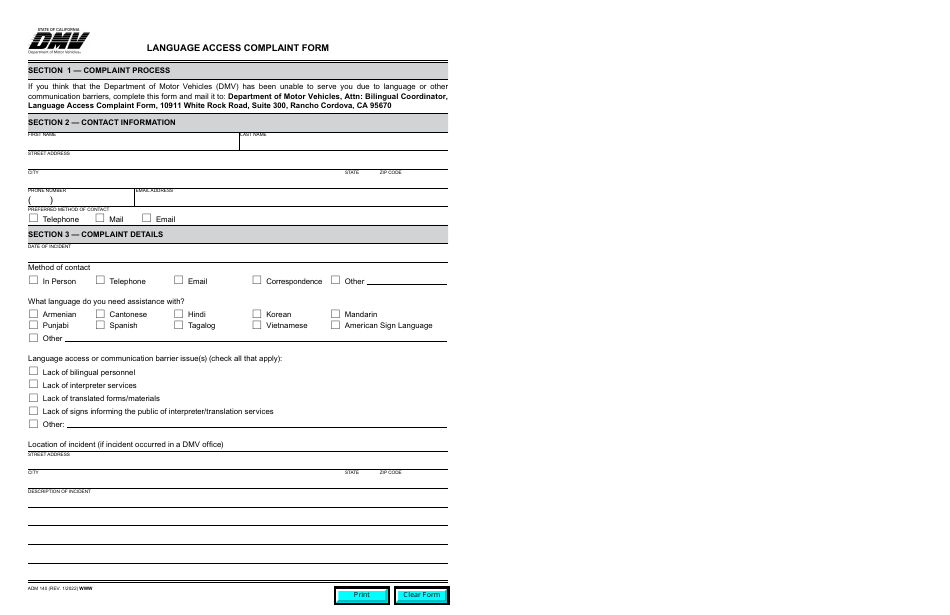 Form ADM140 Language Access Complaint Form - California, Page 1