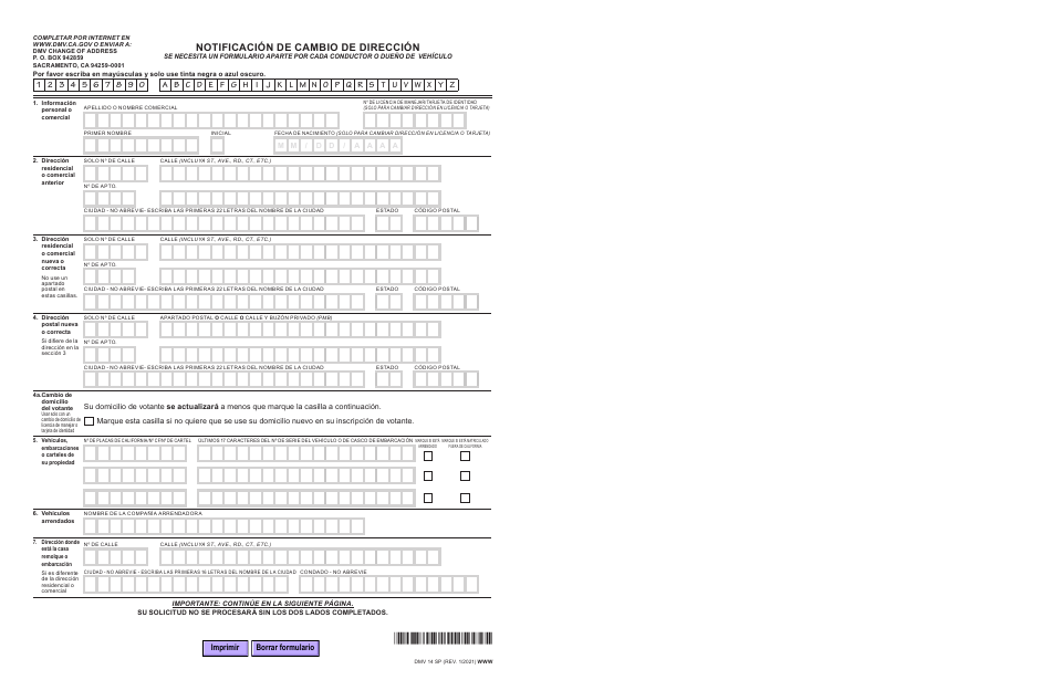 Formulario DMV14 SP Notificacion De Cambio De Direccion - California (Spanish), Page 2