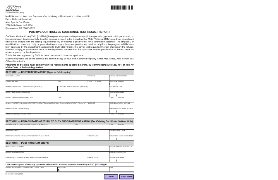 Form DS334 Positive Controlled Substance Test Result Report - California, Page 1