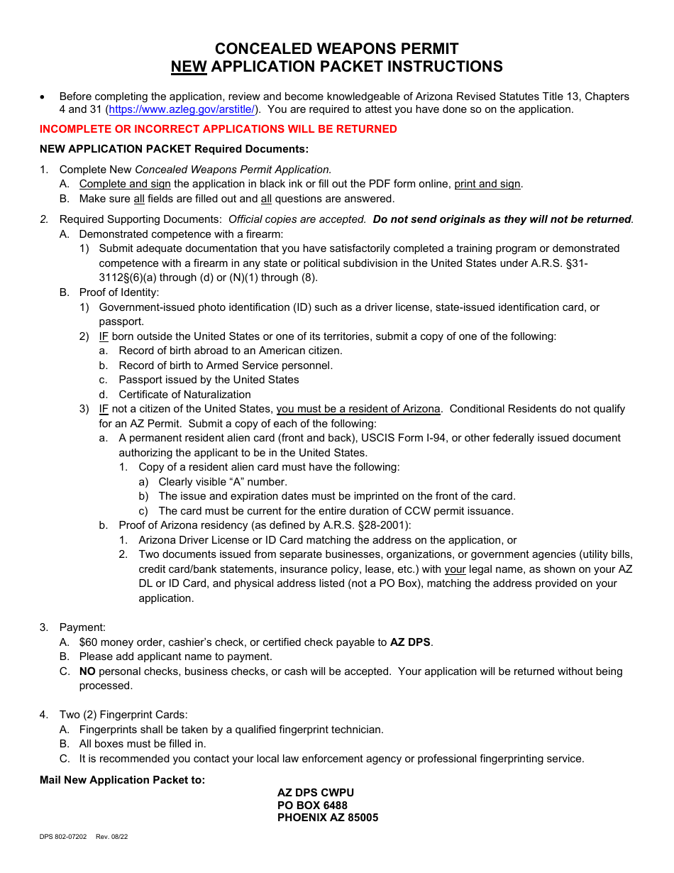 Form DPS802-07202 Concealed Weapons Permit New Application - Arizona, Page 1