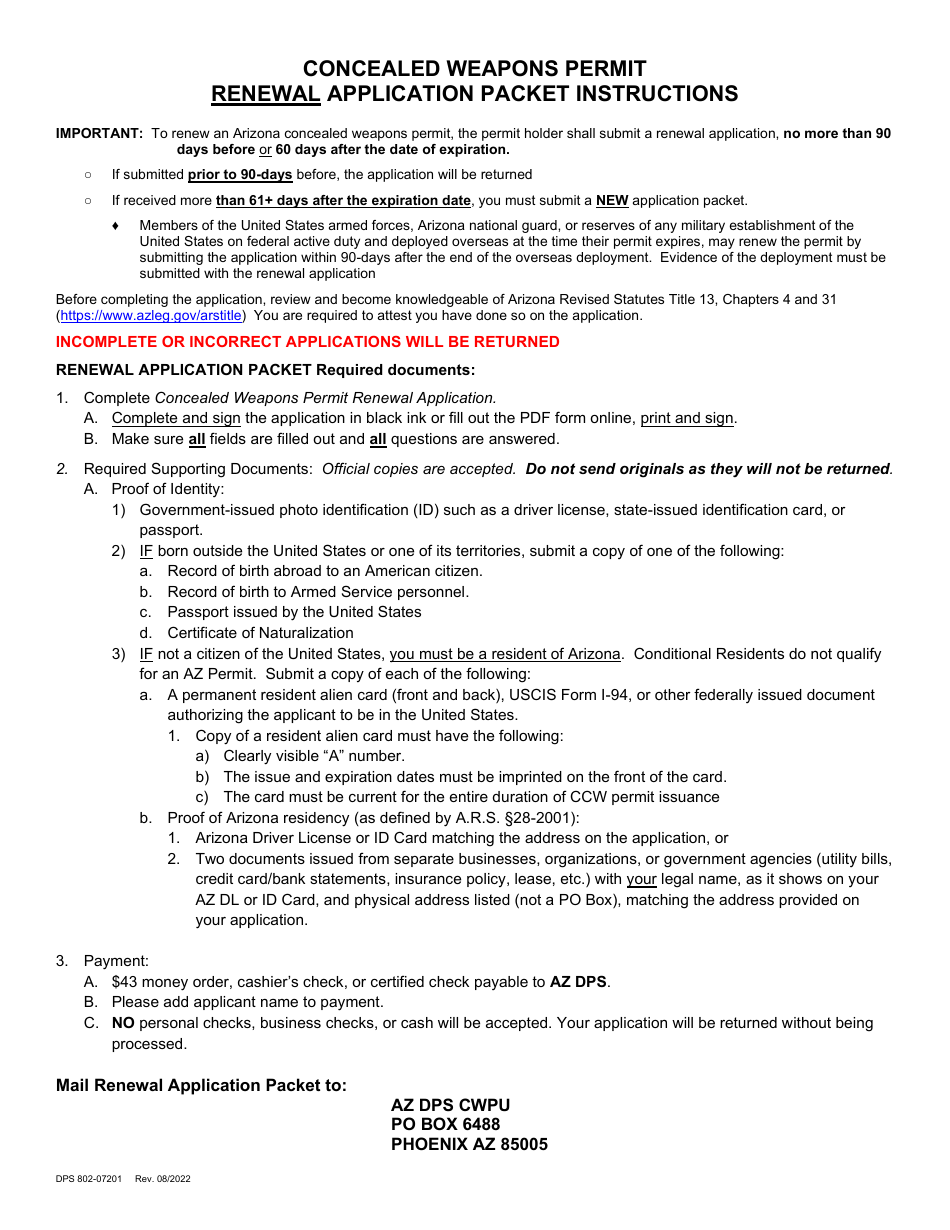 Form DPS802-07201 Concealed Weapons Permit Renewal Application - Arizona, Page 1