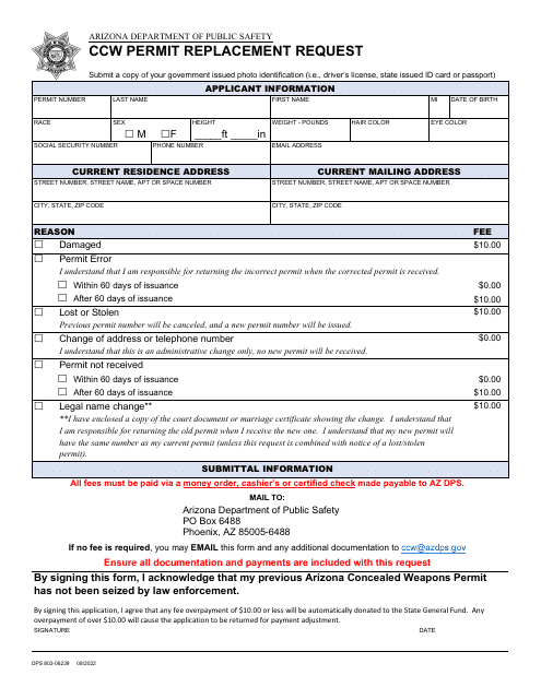 Form DPS802-06239 Ccw Permit Replacement Request - Arizona