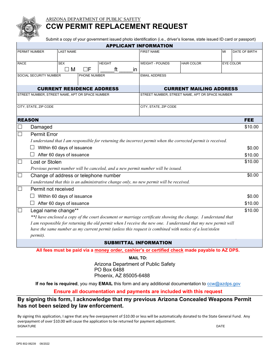 Form DPS802-06239 Ccw Permit Replacement Request - Arizona, Page 1
