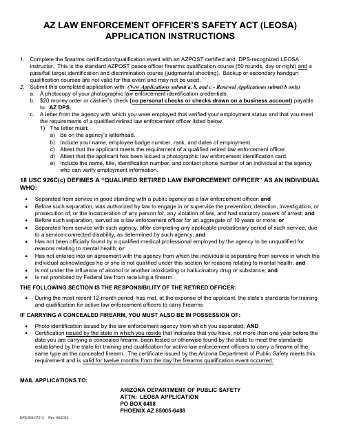 Form DPS802-07213 Law Enforcement Officers' Safety Act (Leosa) Application - Arizona