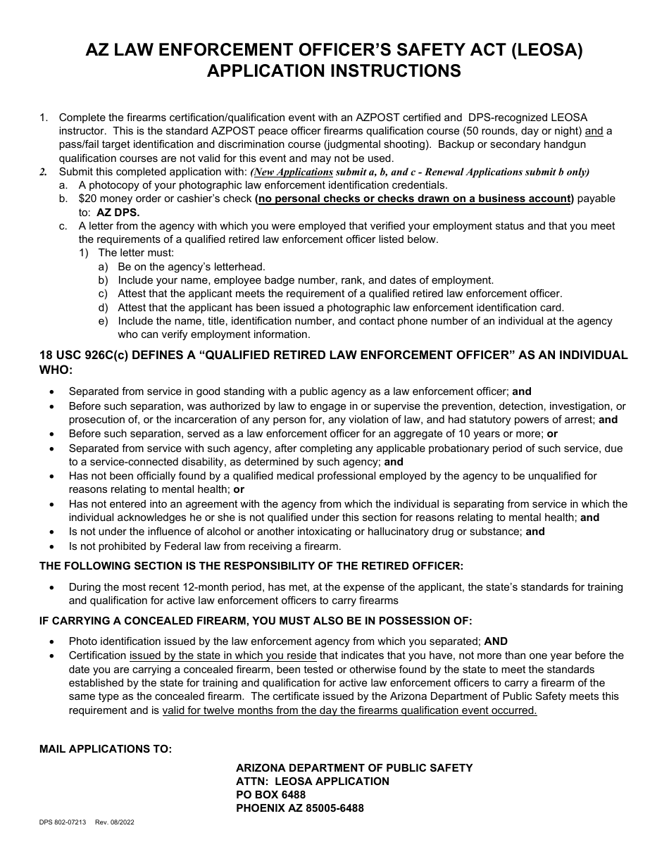 Form DPS802-07213 Law Enforcement Officers Safety Act (Leosa) Application - Arizona, Page 1