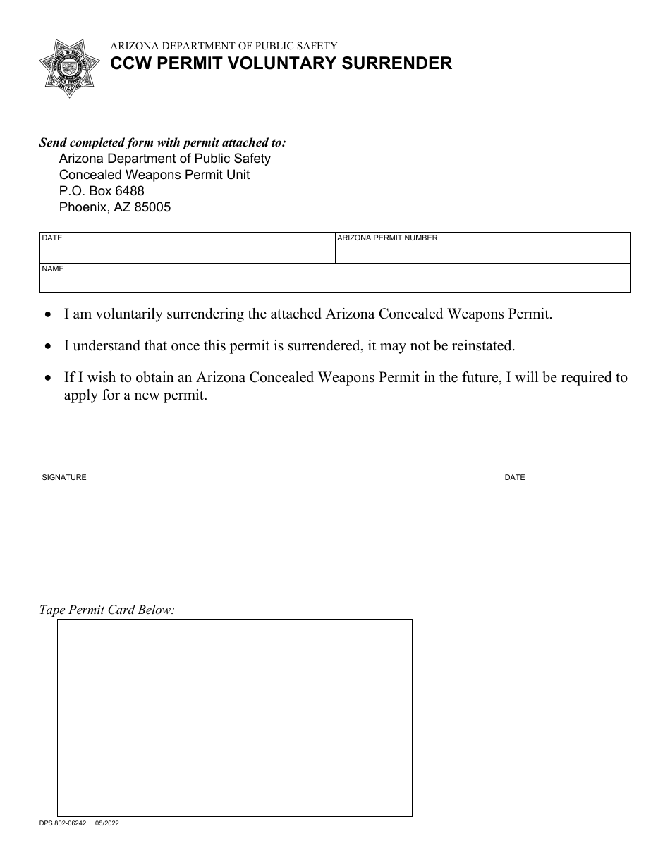 Form DPS802-06242 Ccw Permit Voluntary Surrender - Arizona, Page 1