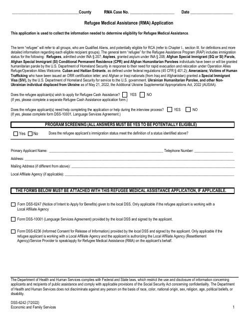 Form DSS-6242 Refugee Medical Assistance (Rma) Application - North Carolina