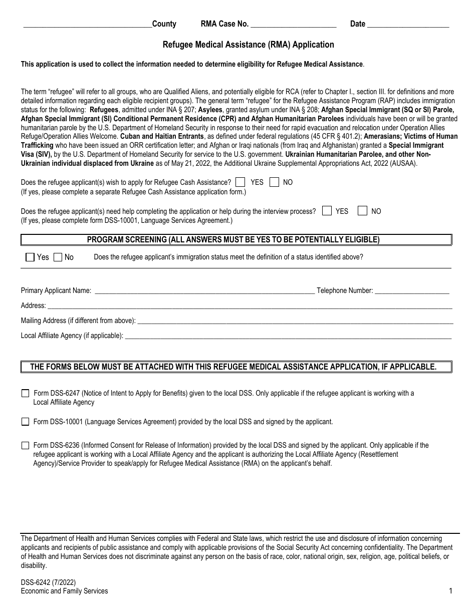 Form DSS-6242 Refugee Medical Assistance (Rma) Application - North Carolina, Page 1
