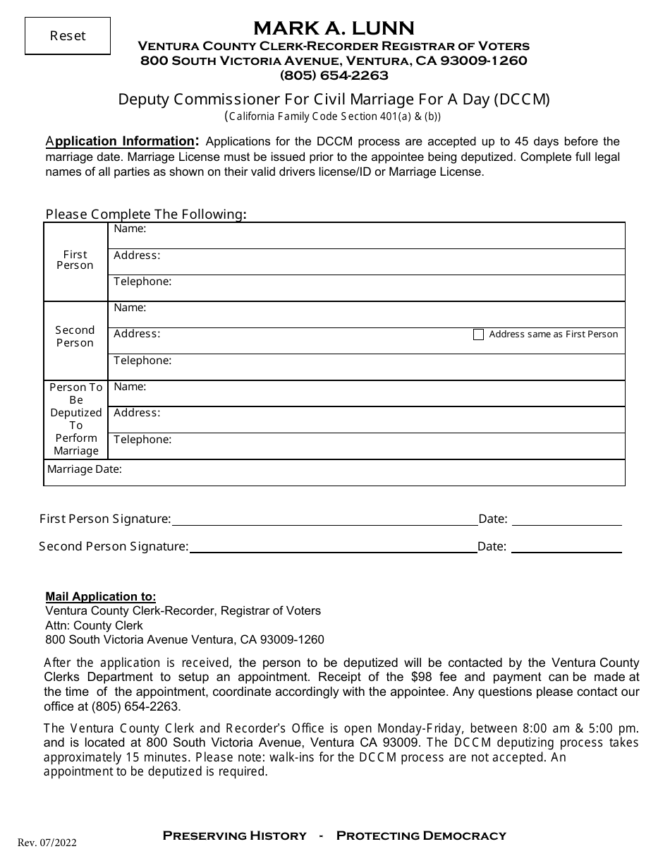 Deputy Commissioner for Civil Marriage for a Day (Dccm) - Ventura County, California, Page 1