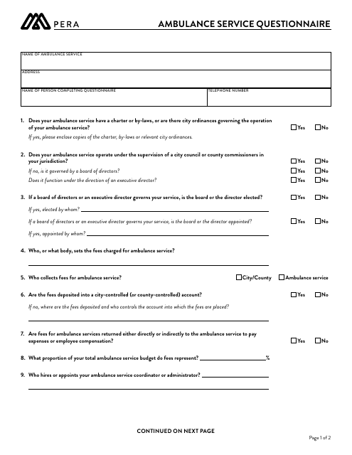 Ambulance Service Questionnaire - Minnesota Download Pdf