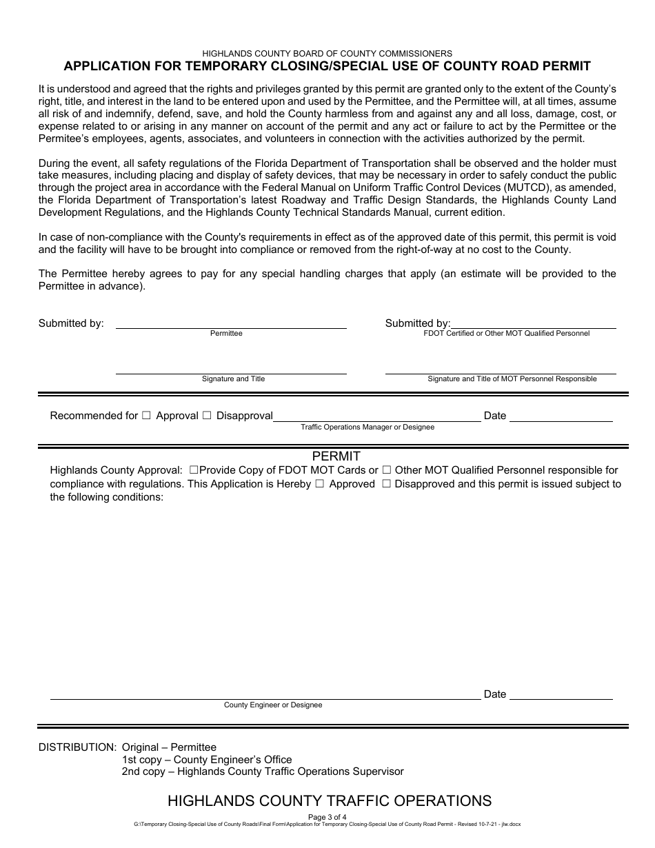 Application for Temporary Closing / Special Use of County Road Permit - Highlands County, Florida, Page 3