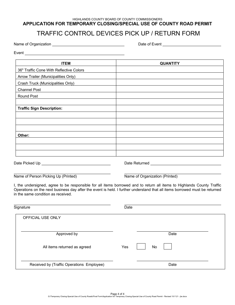 Application for Temporary Closing / Special Use of County Road Permit - Highlands County, Florida, Page 4