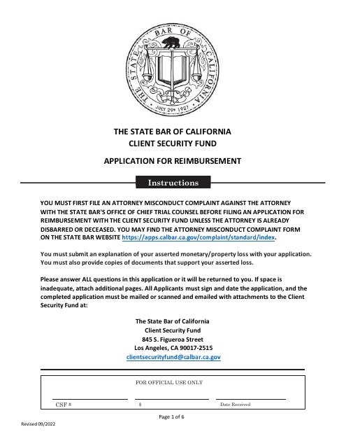 Application for Reimbursement - Client Security Fund - California