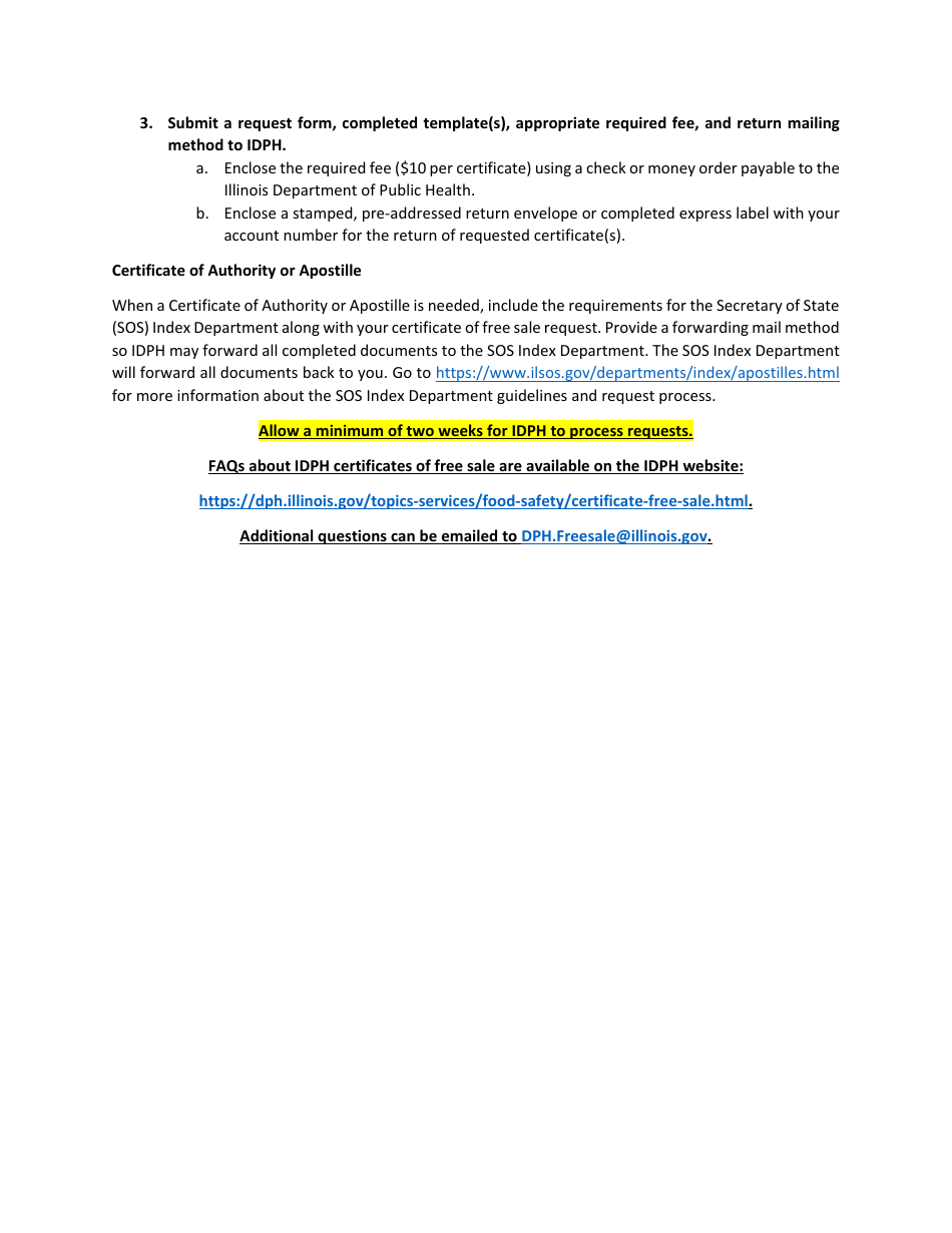 Certificate of Free Sale Request Form - Illinois, Page 2