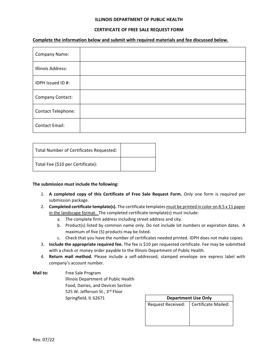 Illinois Certificate of Free Sale Request Form Download Fillable PDF ...