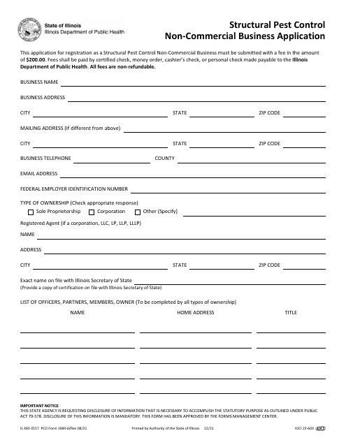 Form IL482-0157 Structural Pest Control Non-commercial Business Application - Illinois