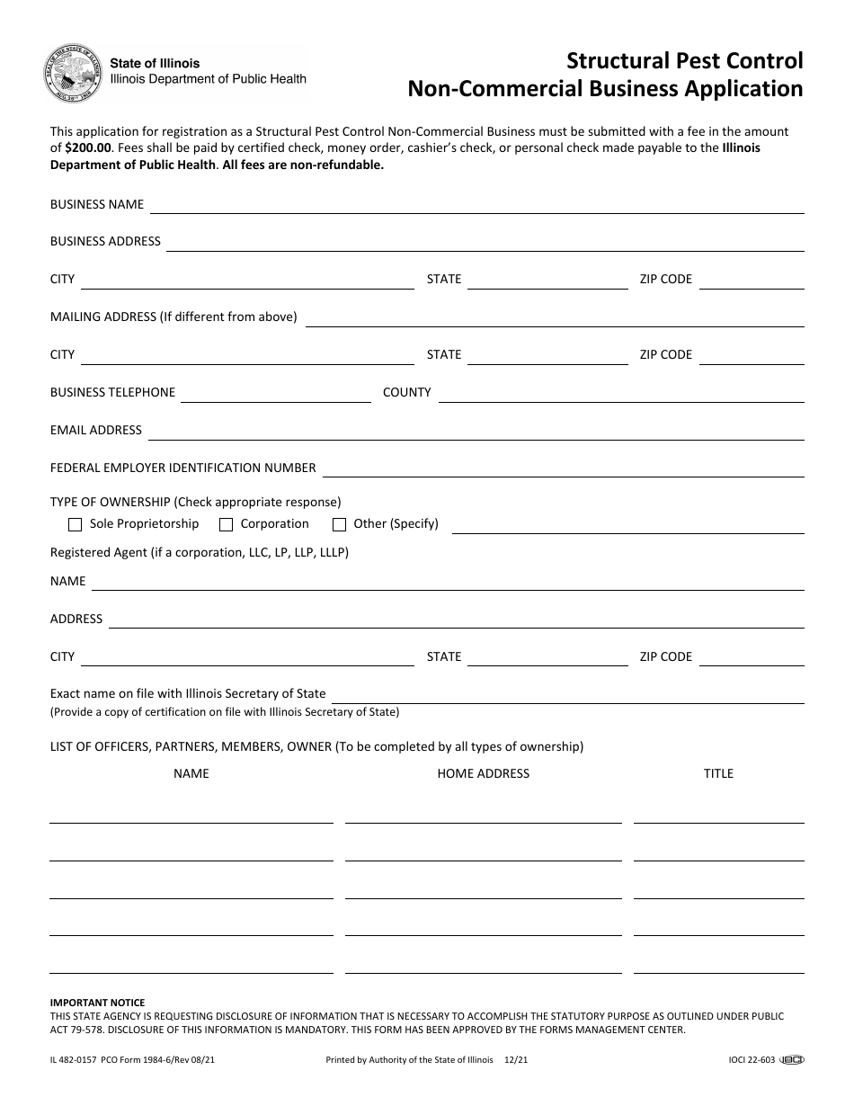 Form IL482-0157 Structural Pest Control Non-commercial Business Application - Illinois, Page 1
