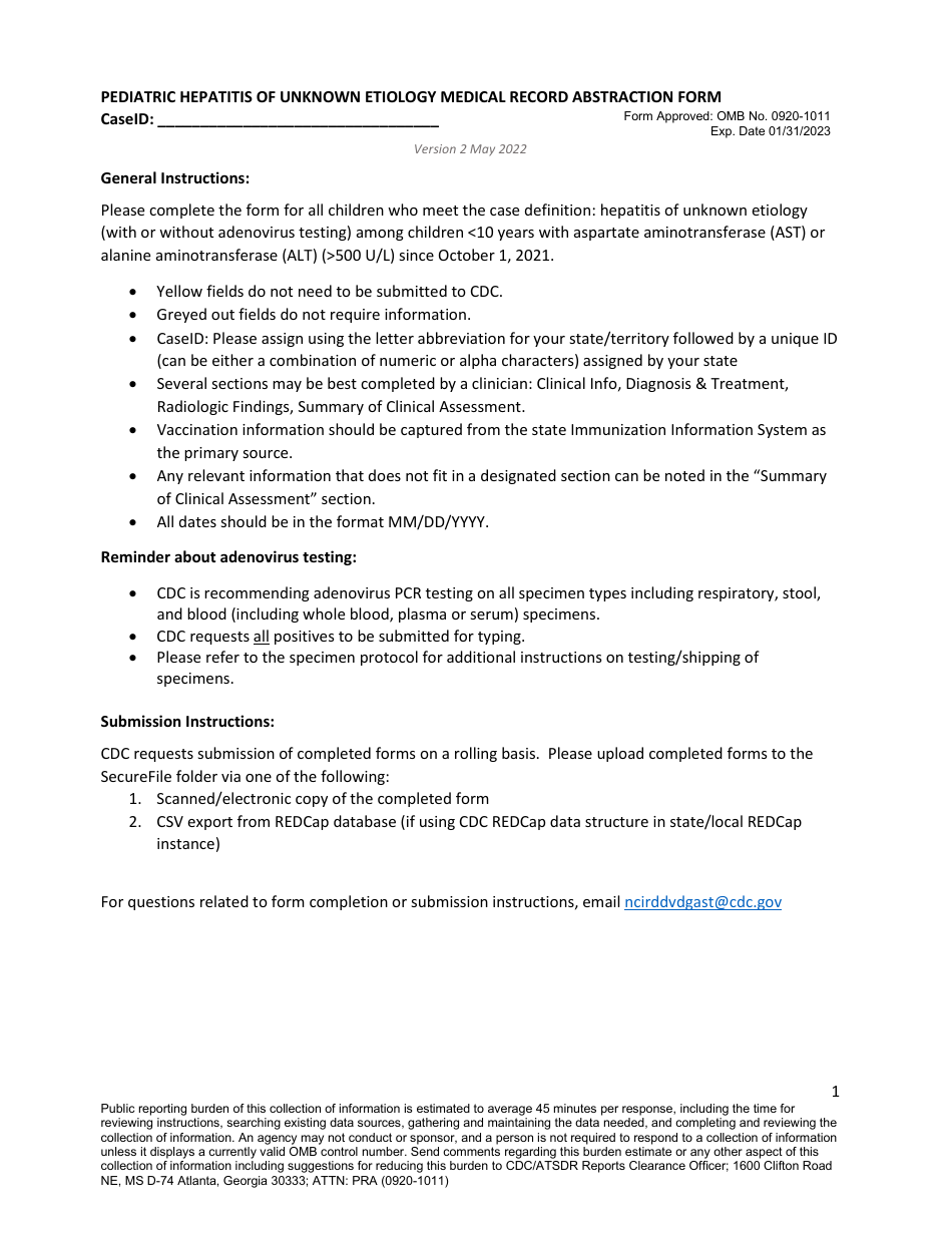 Pediatric Hepatitis of Unknown Etiology Medical Chart Abstraction Form - Illinois, Page 1