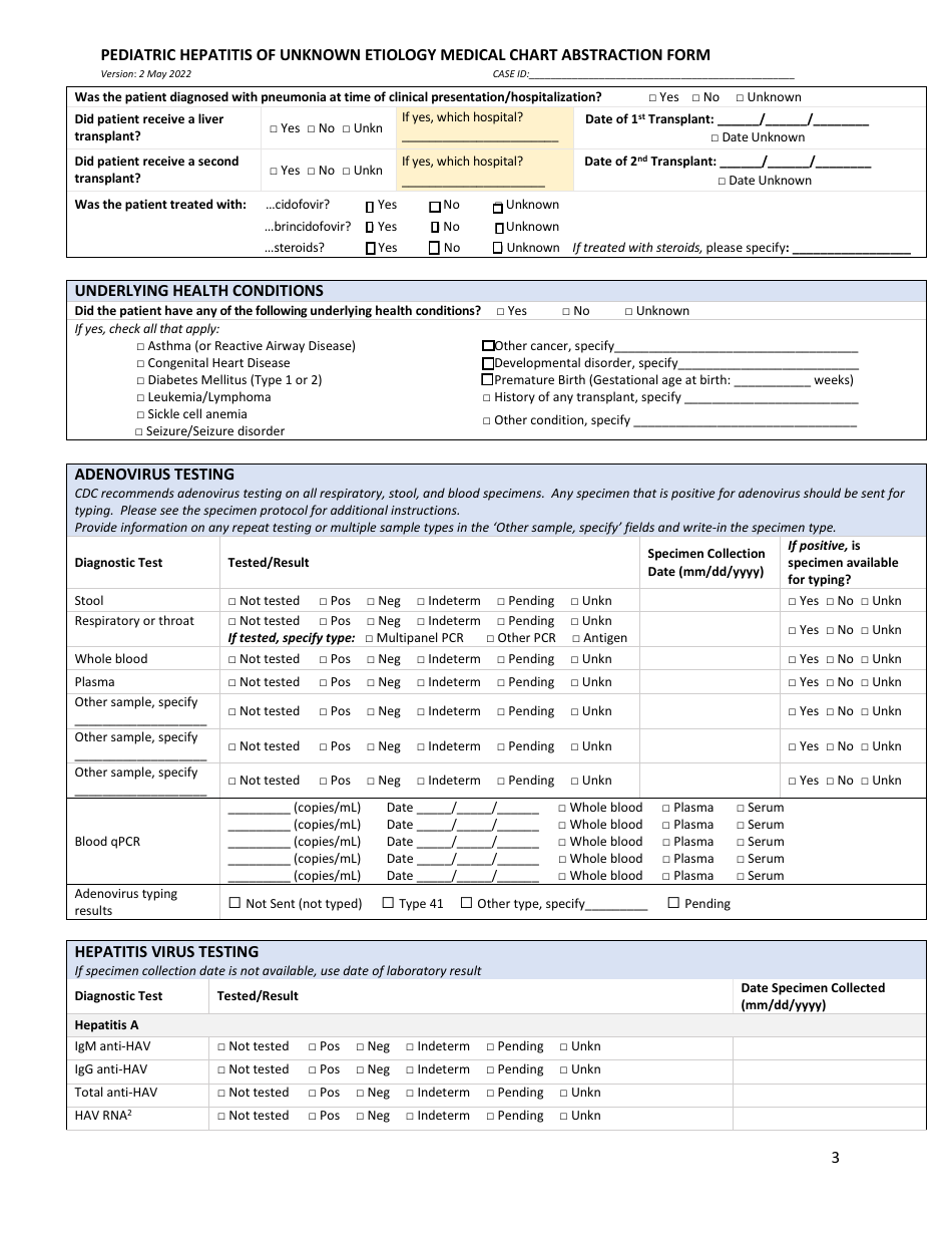 Pediatric Hepatitis of Unknown Etiology Medical Chart Abstraction Form - Illinois, Page 3