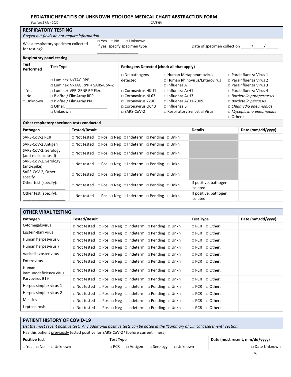Illinois Pediatric Hepatitis of Unknown Etiology Medical Chart