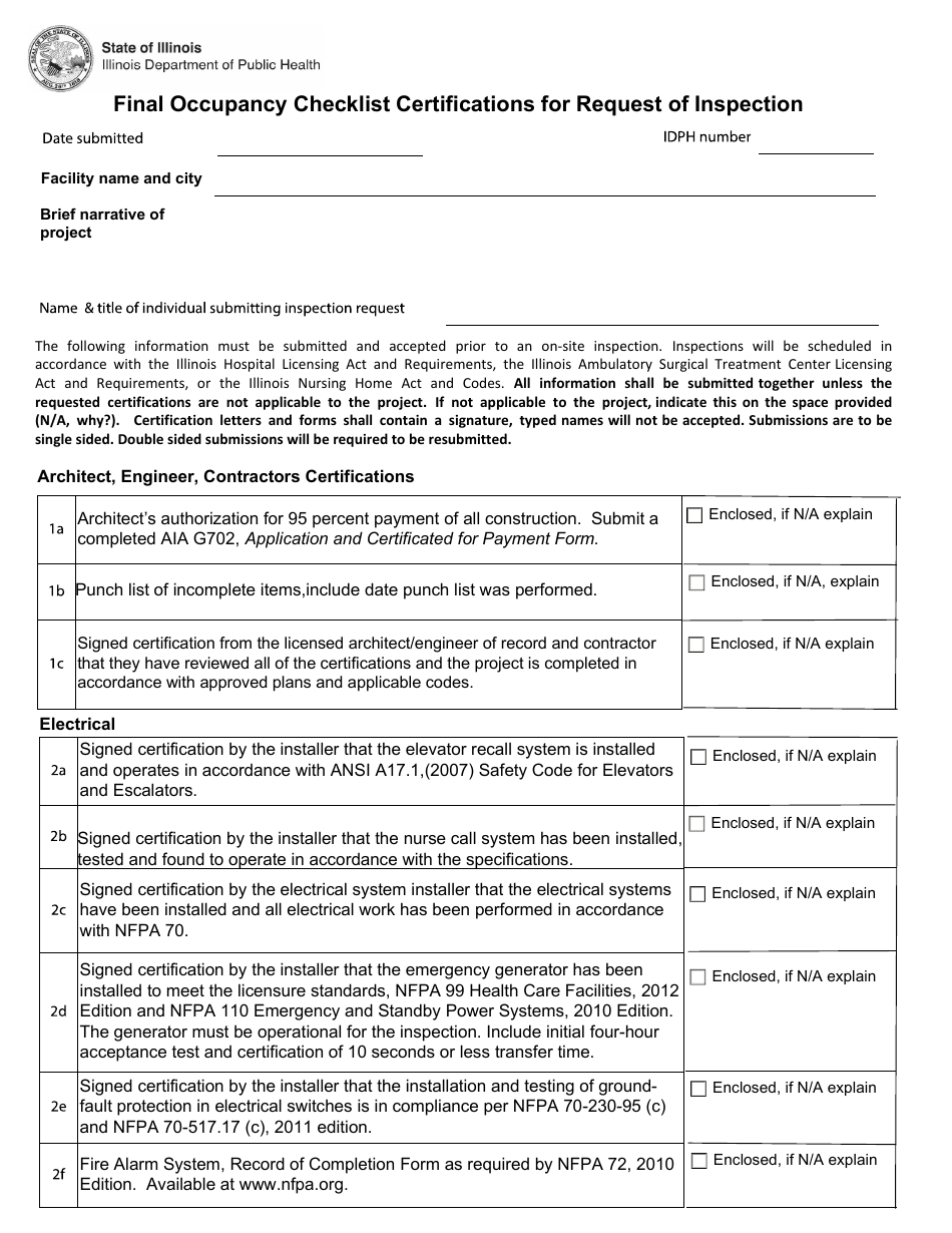 Form 482-0651 Final Occupancy Checklist Certifications for Request of Inspection - Illinois, Page 1