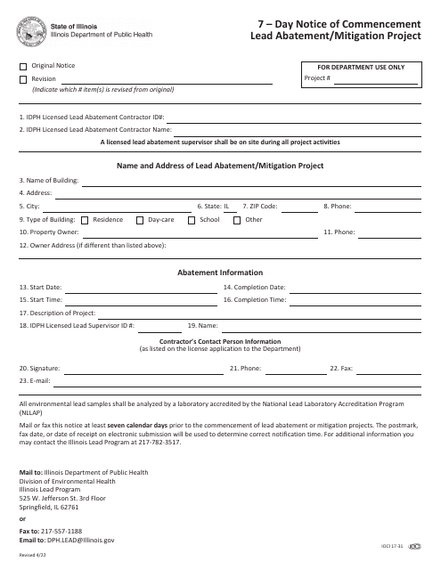 7-day Notice of Commencement Lead Abatement / Mitigation Project - Illinois Download Pdf