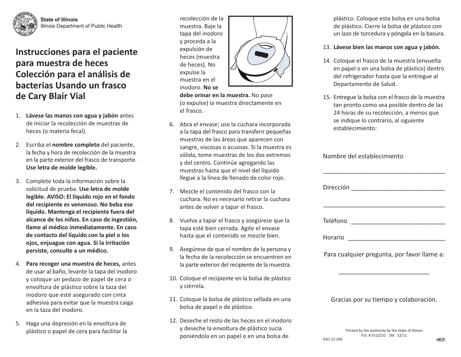 Instrucciones Para El Paciente Para Muestra De Heces Coleccion Para El Analisis De Bacterias Usando Un Frasco De Cary Blair Vial - Illinois (Spanish), Page 1