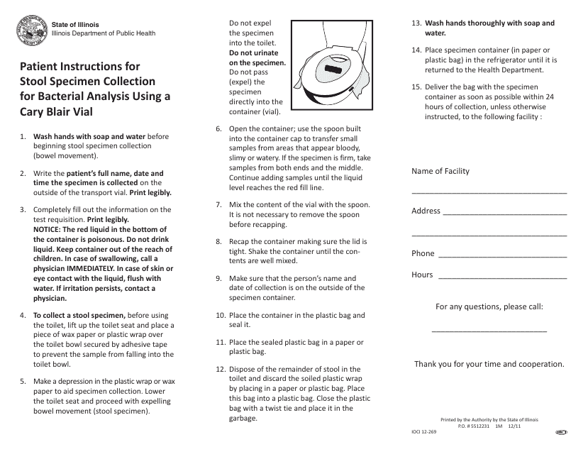 Patient Instructions for Stool Specimen Collection for Bacterial Analysis Using a Cary Blair Vial - Illinois Download Pdf