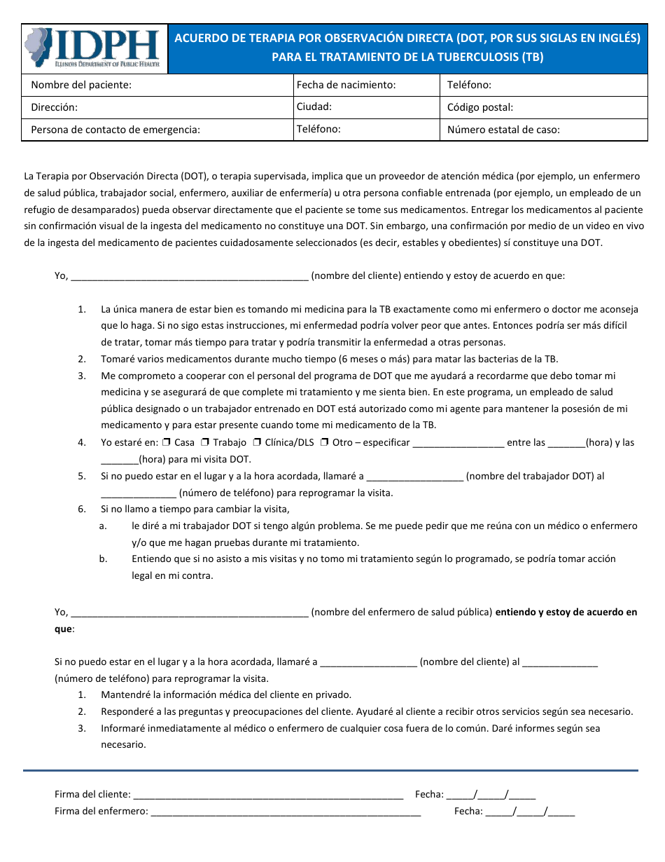 Acuerdo De Terapia Por Observacion Directa (Dot, Por Sus Siglas En Ingles) Para El Tratamiento De La Tuberculosis (Tb) - Illinois (Spanish), Page 1
