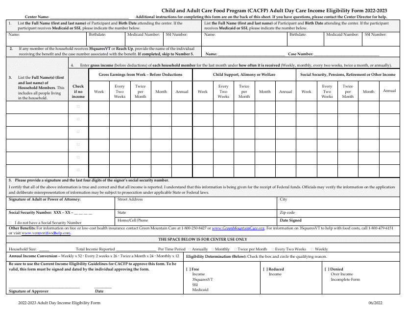 Adult Day Care Income Eligibility Form - Child and Adult Care Food Program (CACFP) - Vermont, 2023