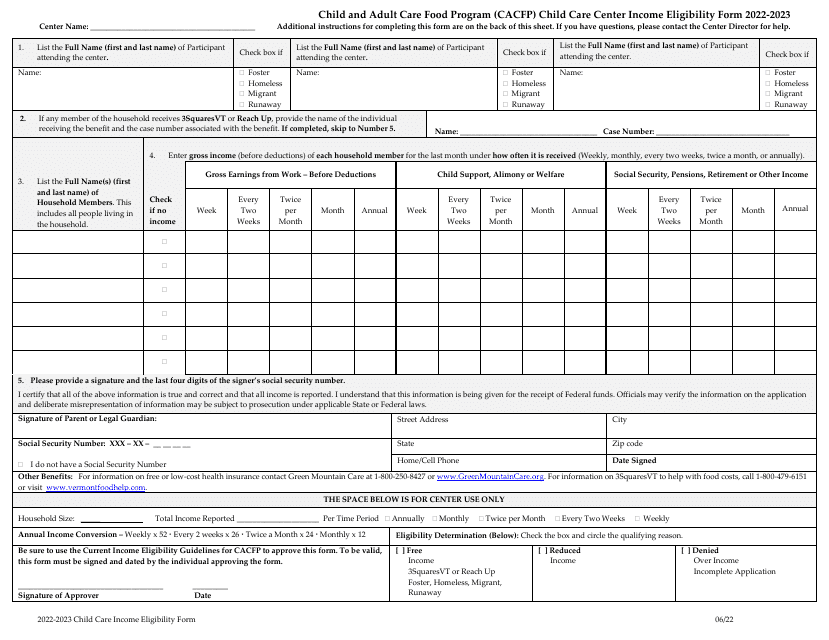 Child Care Center Income Eligibility Form - Child and Adult Care Food Program (CACFP) - Vermont, 2023